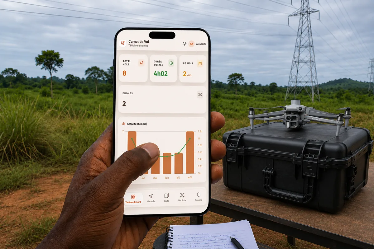 Un télépilote consulte le tableau de bord du carnet de vol sur son téléphone, sur le terrain, devant un drone posé sur sa mallette et une ligne à haute tension