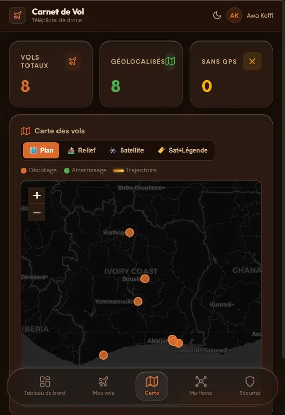 Écran « Carte » de l'application : Tous les vols géolocalisés, décollage et atterrissage
