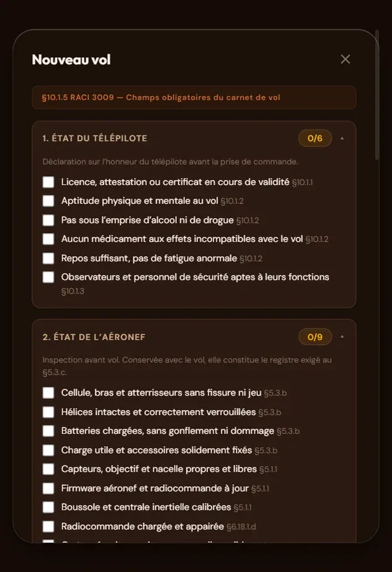 Écran « Listes de contrôle » de l'application : Les trois vérifications avant vol, référencées au règlement