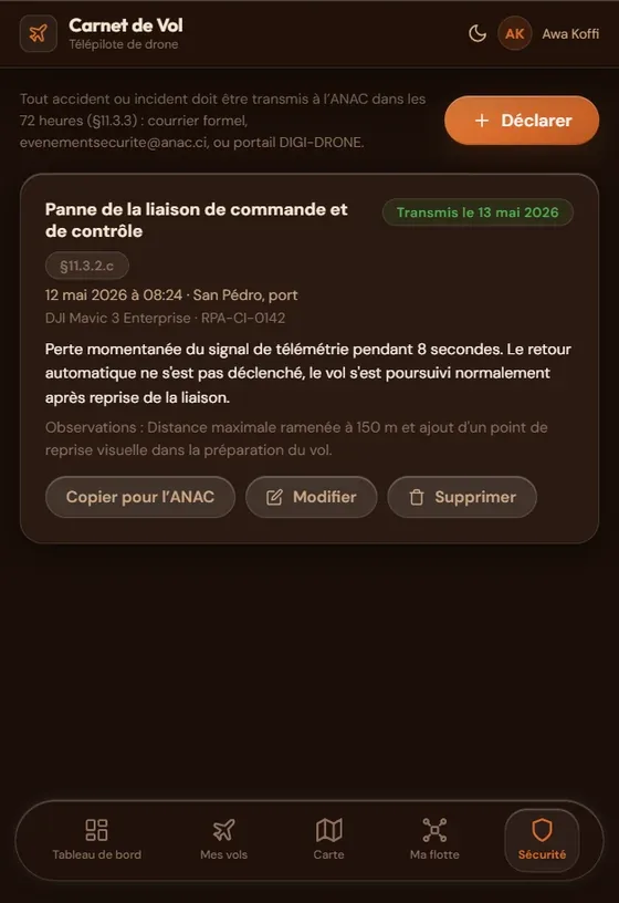 Écran « Sécurité » de l'application : Les comptes rendus d'événement, au format attendu par l'ANAC