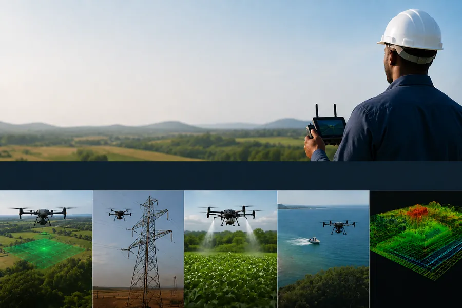Télépilote face à un paysage, et cinq applications du drone : cartographie, inspection de pylône, épandage, surveillance maritime, modèle 3D