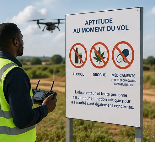 Panneau rappelant l'interdiction de l'alcool, de la drogue et des médicaments avant un vol