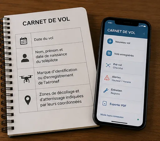 Carnet de vol papier et application mobile de carnet de vol, côte à côte