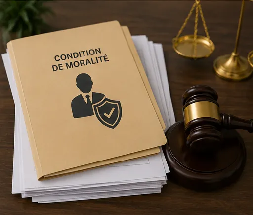 Dossier « Condition de moralité » posé près d'un marteau de juge et d'une balance