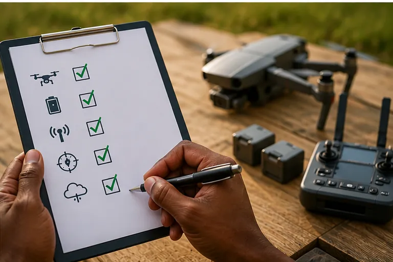 Télépilote cochant une liste de contrôles avant vol à côté de son drone