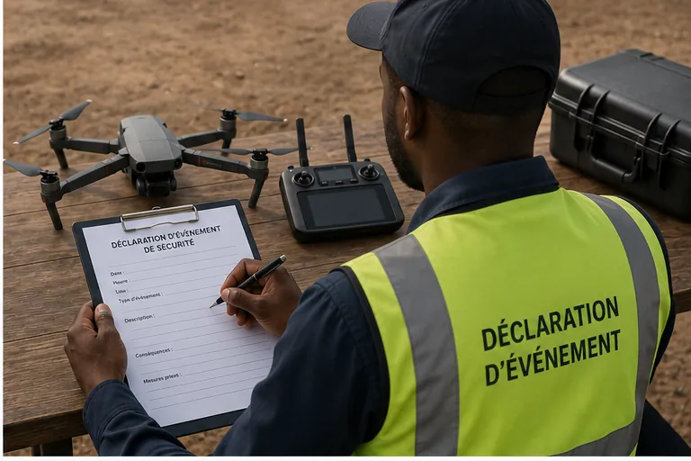 Télépilote remplissant une déclaration d'événement de sécurité sur le terrain