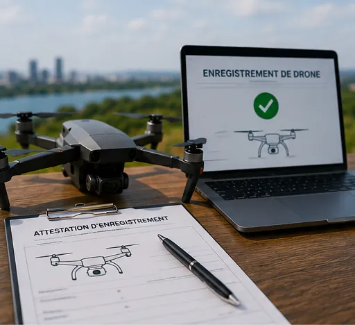 Attestation d'enregistrement d'un drone à côté d'un ordinateur affichant l'enregistrement validé