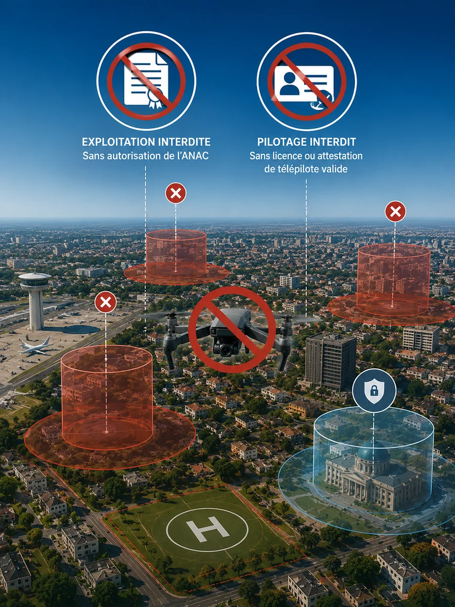 Schéma d'une ville : exploitation interdite sans autorisation de l'ANAC, pilotage interdit sans licence ou attestation, et volumes interdits au-dessus de l'aéroport, des agglomérations et des sites sensibles
