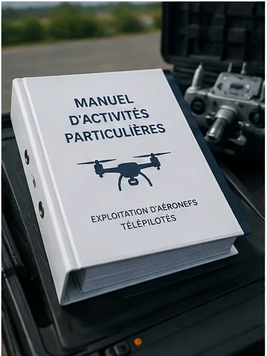 Manuel d'activités particulières posé sur une mallette de drone