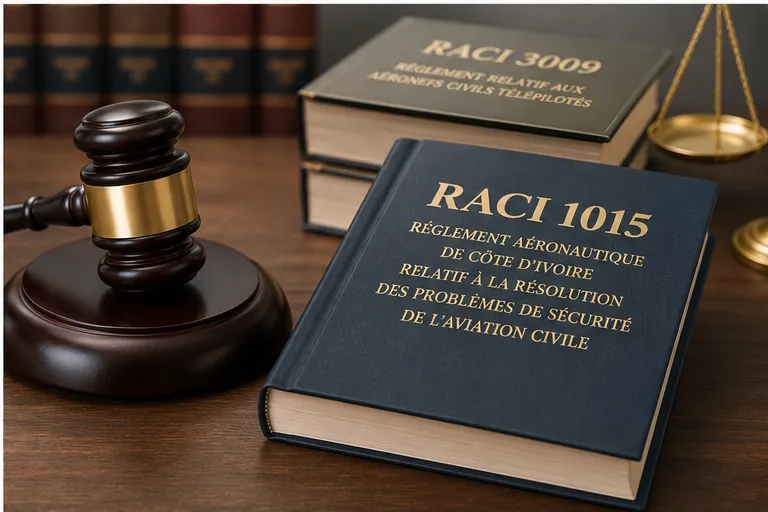 Le RACI 1015 posé devant le RACI 3009, un marteau de juge et une balance