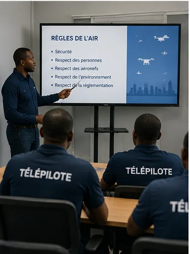 Instructeur présentant les règles de l'air à des télépilotes