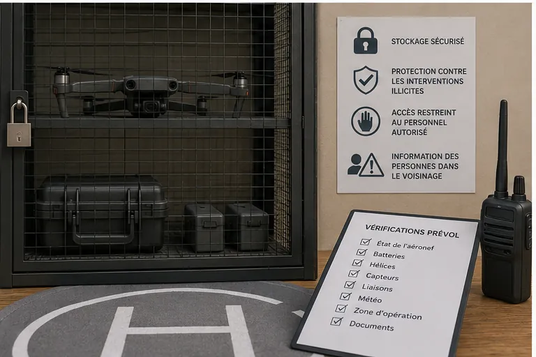Drone et batteries rangés dans une armoire grillagée fermée par un cadenas