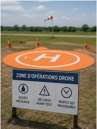 Panneau « Zone d'opérations drone » devant une aire de décollage balisée