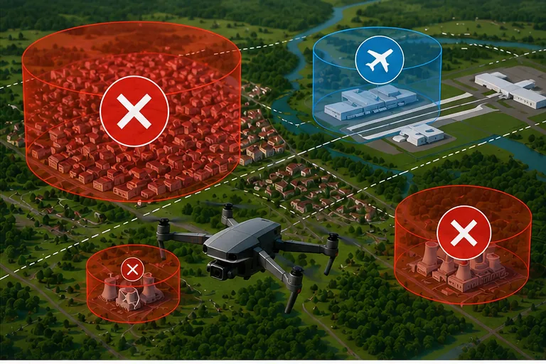 Vue aérienne des volumes interdits au-dessus d'une ville, d'un aérodrome et de deux centrales